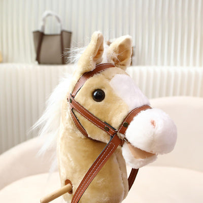 Nurnesy Horse Stick Toy Plush Soft Cartoon Hobby Horse Toy Head Stick with Wood Wheels and Thickened Handle for Kids Toddlers (Yellow)