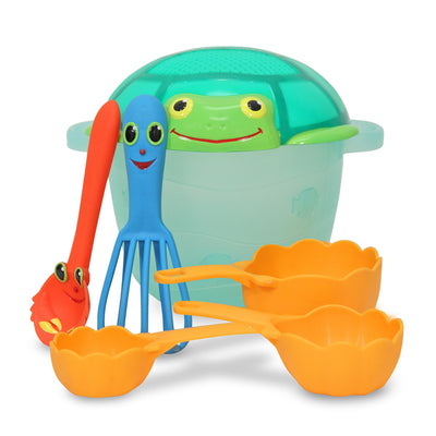 Colorful sand toys including a bucket, spade, and shovels on a white background