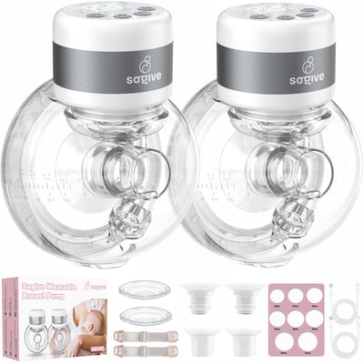 Two Sagive wearable breast pumps with accessories on a white background