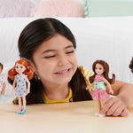 Barbie Chelsea Doll (Brunette Curly Hair) Wearing One-Shoulder Flower-Print Dress and Pink Shoes, Toy for Kids Ages 3 Years Old & Up