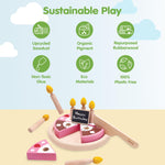 PlanToys® Pretend Play Birthday Cake Set | Food Toy with Removable Slices, Candles, Wooden Knife & Chalkboard Nameplate | Educational Toy for Imagination, Fine Motor Skills & Social Play