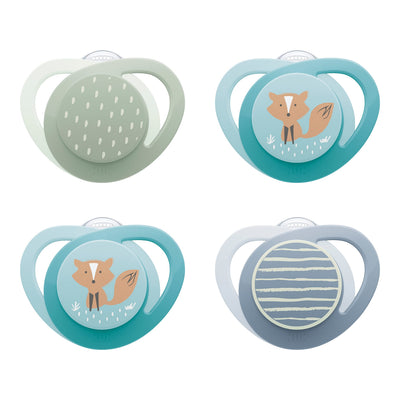 Four baby pacifiers with fox designs on a white background