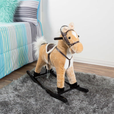 Rocking Horse Plush Animal on Wooden Rockers with Sounds, Stirrups, Saddle & Reins, Ride on Toy, Toddlers to 4 Years Old by Happy Trails - Brown
