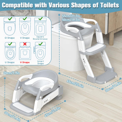 Potty Training Seat, Toddler Potty Training Toilet with Step Stool Ladder for Kids Boys Girls, 3 in 1 Foldable Toilet Seat Potty Chair with Urinals, Splash Guard, Handles, Anti-Slip Pad,Grey