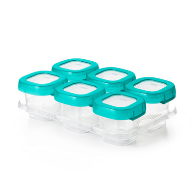 Clear plastic container with turquoise lids on a white background