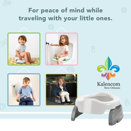 Advertisement for a children's potty seat with images of children using it and text about peace of mind during travel, featuring the Kalencom brand.