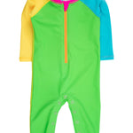 RUGGEDBUTTS Baby Boys UPF50+ Sun Protected Full Length Long Sleeve Rash Guard One Piece Swimsuit - Neon Color Block, 3-6m