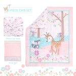 UOMNY Crib Bedding Set for Girls 3 Piece Woodland Baby Girl Crib Bedding Set Include Fitted Crib Sheet Comforter Crib Skirt