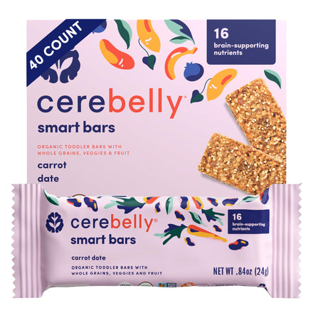 Cerebelly smart bars packaging with a pink background and colorful design.