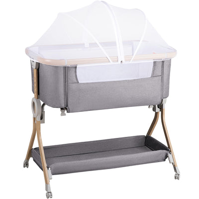 Larex Baby Bassinet Bedside Sleeper Crib Co Sleeper for Newborn Infant Toddler with Mosquito Net, Storage Bag & Basket, 5-Height Adjustable, Movable Wheels, Breathable Mattress & Mesh (Dark Gray)