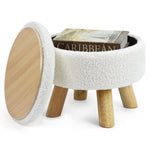 OGEMXU Ottoman Foot Rest, Small Round Ottoman with Storage, Boucle Teddy Velvet Footstool with Wood Legs, Soft Sponge Storage Ottoman for Living Room, Bedroom, Couch, Enterway (Cream)