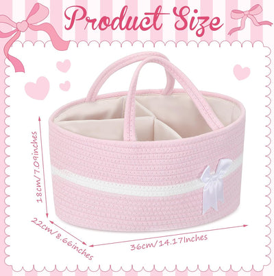 Yinkin 1 Pcs Large Woven Storage Basket with Handles and Removable Divider Gift Baskets with Bow for Closet Bedroom Nursery Toys Organizing, 14.17 x 8.66 x 7.09 Inches (Pink and White)
