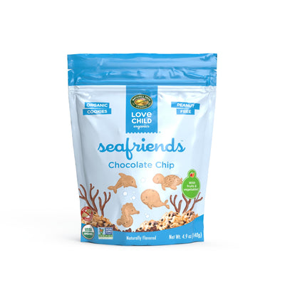 Packaging of Love Child Organic Cookies Seafriends Chocolate Chip cookies on a white background