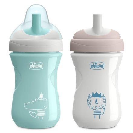 Two Chicco baby bottles with different colored lids on a white background