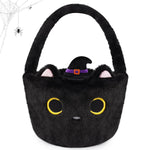 Halloween Basket, Black Cat Plush Halloween Baskets for Kids, Trick or Treat Bucket, Black Cat with Witch Hat Decor, Gift Candy Bucket with Handle for Halloween Party Home Decoration Bins