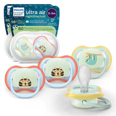 Philips Avent ultra air nighttime pacifiers with packaging on a white background
