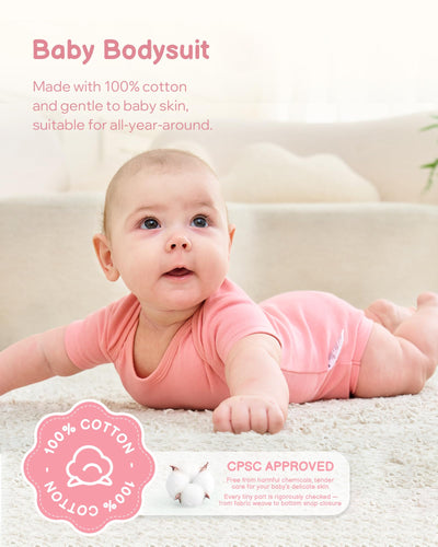 TURMEWU Unisex Baby Bodysuit 2 Pack, 100% Organic Cotton Short Sleeve Clothes, Ultra Soft Newborn Essentials for Boys & Girls, Pink, 6-9 Months