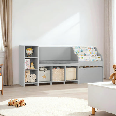 HOSTACK 67" Kids Reading Nook with Bench, Kids Bookshelf and Bookcase with Seat Cushion and 6 Storage Cubbies, Toy Storage Box on Wheels, Toy Chest for Playroom, Bedroom, School, Grey
