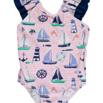 RuffleButts Girls UPF50+ Sun Protection Ruffle V-Back One Piece Swimsuit - Pink Sweet Sails, 3-6m