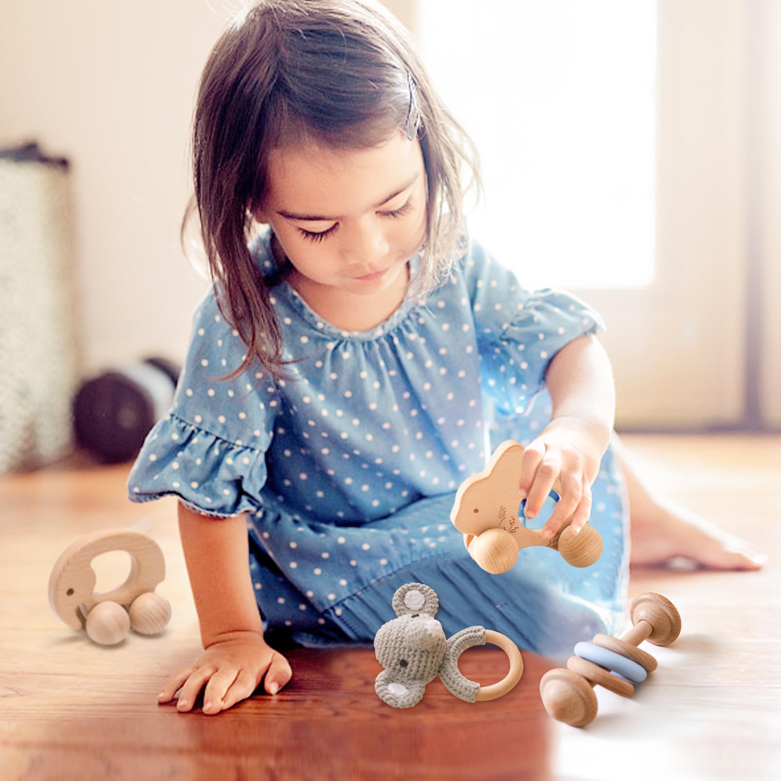 let's make Wooden Baby Rattle 3 PCS Push Car Rattle Set Crochet Rattle Ring Wooden Montessori Toy for Newborn Infant Baby Gifts (Rabbit Rattle)