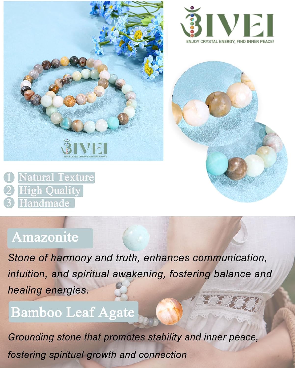 Bivei Natural Gemstone Semi Precious Healing Crystals Handmade Stretchy Round Beads Bracelet, Enhance Positive Energy