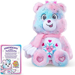 Colorful teddy bear with a certificate of authenticity on a white background