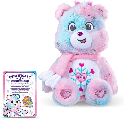 Colorful teddy bear with a certificate of authenticity on a white background
