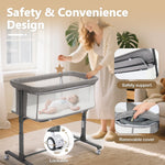 Kinder King Baby Bassinet Bedside Sleeper, Newborn Baby Bedside Crib w/Wheels, All-Sided Mesh, Adjustable Height, Removable Soft Mattress, No Tool to Assemble, Grey