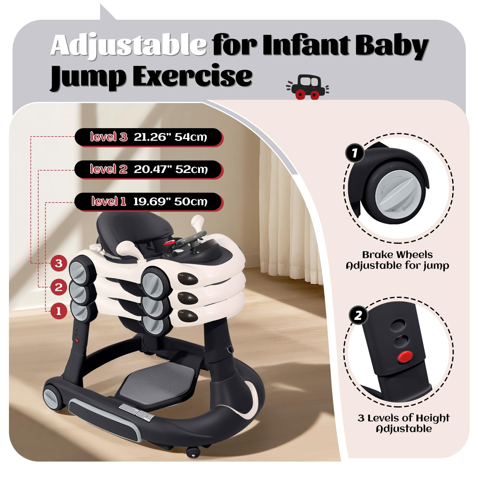 Baby Walker, 4-in-1 Baby Walker with Wheels Portable, Foldable Infant Toddler Walker for Boys Girls 6-18 Month,Removable Footrest,Car Steering Wheel & Music, Adjustable Push Walker Black