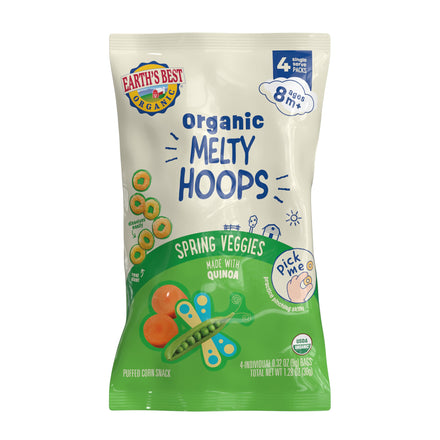 Packaging of Earth's Best Organic Melty Hoops Spring Veggies snack on a white background