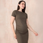 Motherhood Maternity Women's Crewneck Short Sleeve Side Ruched Ribbed Bodycon Mini Pregnancy Dress, Deep Depths, Medium