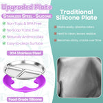 Semloo Stainless Steel Kids Plates with Suction, 2Pack 9" Divided Toddler Plates Removable Non Slip Silicone Sleeves Baby Feeding Led Weaning Supplies, BPA Free, Unbreakable Dishwasher Safe