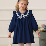 Baby Girl Outfit 18 24 Months Cute Girl Clothes Fall Long Ruffle Sleeve Navy Blue Dress Winter Toddler Clothes Vacation Vintage Knee Length Baby Dress