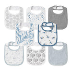 Collection of baby bibs with various patterns on a white background