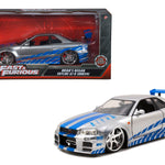 Jada Toys Fast & Furious Brian’s 2002 Nissan Skyline R34 Die-cast Car, 1:24 Scale, Silver & Blue