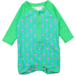 RUGGEDBUTTS Baby/Toddler Boy Swimsuit, One Piece Zipper Rash Guard Sunsuit with UPF 50+ Sun Protection - Neon Flamingo Stripe, 3-6m
