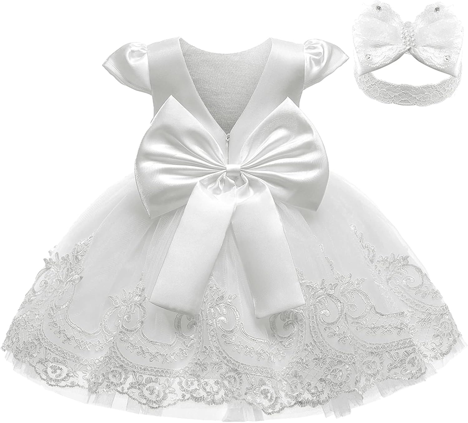 3M-3T Toddler Baby Girls Dresses Pageant Wedding Flower Girls Dress Formal Gowns Embroidered Lace Dress + Headwear