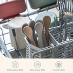 Set of wooden spoons in a dishwasher rack with safety icons below.