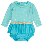 RuffleButts Baby Girls UPF50+ Princess Long Sleeve Bow Skirted One Piece Swimsuit - Teal Golden Princess, 6-12m