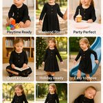 PATPAT Toddler Girl Long Sleeve Ribbed Knit Dress, Black, 6-9 Months, Holiday Outfit or Everyday Wear