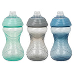 Three baby sippy cups in green, gray, and blue on a white background