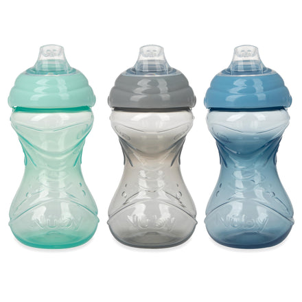 Three baby sippy cups in green, gray, and blue on a white background
