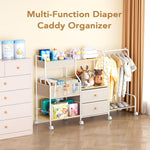 BBLIKE Diaper Caddy Organizer with Hanging Rack - 3 Tier Rolling Utility Cart with Drawers and Dividers for Baby Bottle Storage - Bedside Cart for Changing Station, Crib, Nursery, Bedroom, Beige