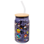 Silver Buffalo Sanrio Hello Kitty & Friends Halloween Kuromi, My Melody, Cinnamoroll, Chococat, Pompompurin, Keroppi, Tuxedo Sam, Badtz-Maru Glass Jar Tumbler w Bamboo Lid and Glass Straw, 16 Ounces