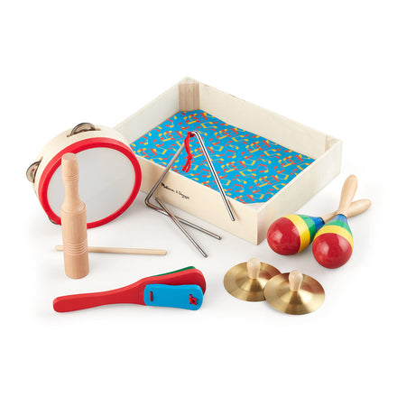 Set of colorful children's musical instruments on a white background
