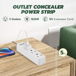 Saker Outlet Concealer Power Strip | 5ft Flat Plug Extension Cord with 3 Outlets,1625W | Universal Size Baby Proof Outlet Cover Extension Cord for Kitchen, Home and Office