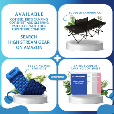 High Stream Gear Toddler Cot Bed: Kids Travel Camping Bed, a Portable Folding Cot for Kids Great for Outdoors and Young Guests at Home. Comfortable Kids Sleeping Cot Easy to Store and Use (Blue)