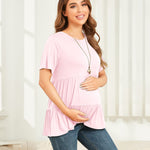 Xpenyo Women Tiered Maternity Top Fashion Short Sleeve Casual Pregnancy Blouse Shirts Pink L