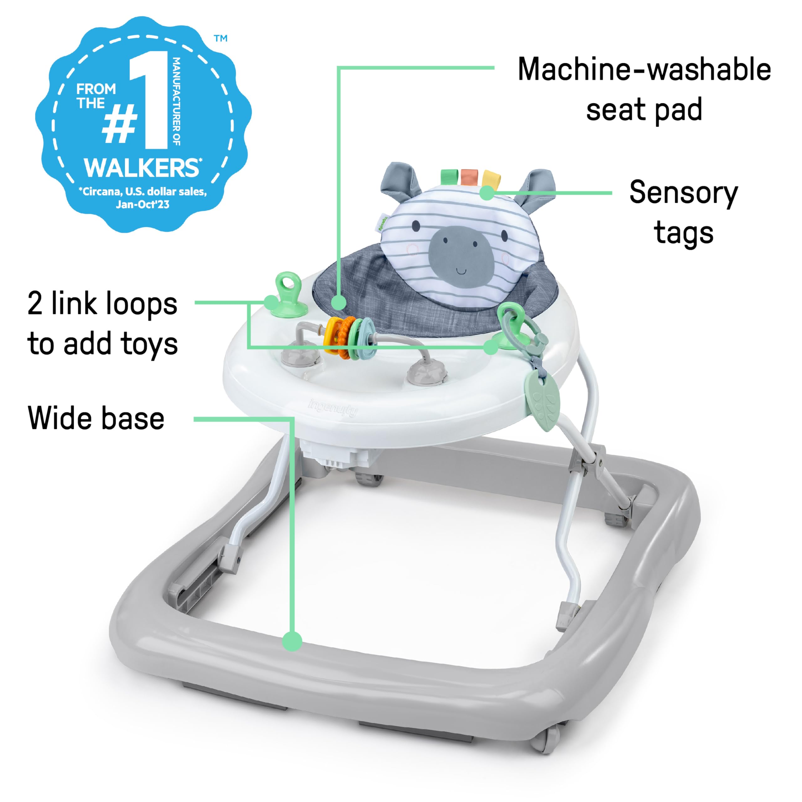 Ingenuity Smooth Strides Activity Baby Walker - Chambray, Developmental Walker, 3 Adjustable Heights, Toys Included, 6M-12M