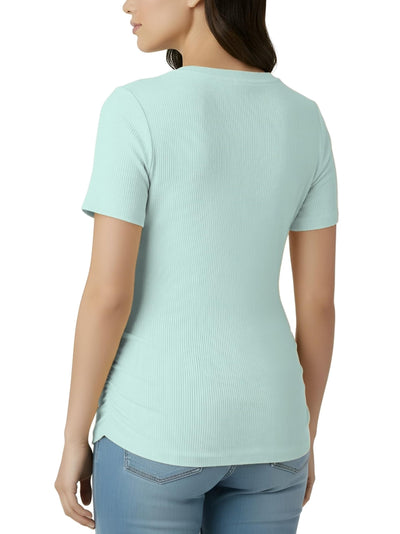 Motherhood Maternity Women's Short Sleeve Crew Neck Side Ruching Pregnancy Tee Shirt, Whispering Blue, Medium